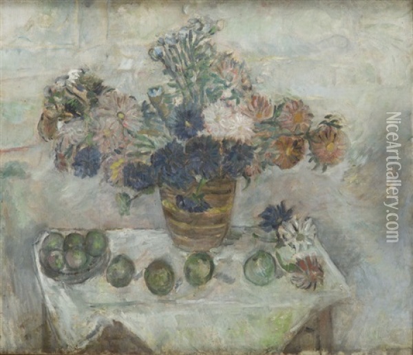 Still Life With Flowers And Apples Oil Painting - Tytus Czyzewski