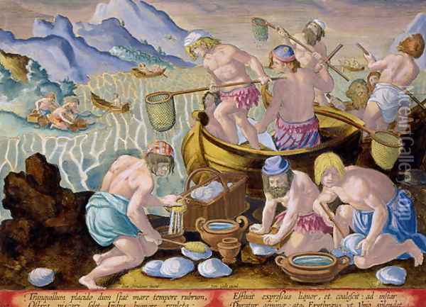 Natives Fishing for Giant Clams on the Indus, plate 102 from Venationes Ferarum, Avium, Piscium Of Hunting Wild Beasts, Birds, Fish engraved by Jan Collaert 1566-1628 published by Phillipus Gallaeus of Amsterdam Oil Painting - Giovanni Stradano