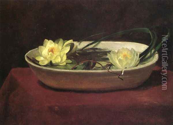 Water Lilies In A White Bowl With Red Table Cover Oil Painting - John La Farge