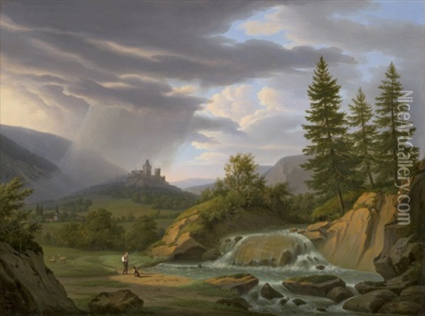Gewitterstimmung Uber Einer Burg In Den Schweizer Alpen Oil Painting - Frederic Fregevize