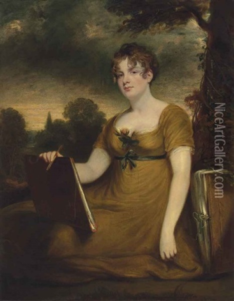 Portrait Of Mary Anne Nugent-temple-grenville, Lady Arundell Of Wardour (1787-1845), Three-quarter-length, In A Mustard Dress, Holding A Portfolio Oil Painting - Sir John Hoppner