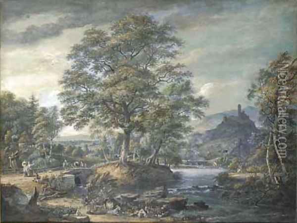 An extensive river landscape with travellers and donkeys crossing a bridge with a fortified castle beyond Oil Painting - Paul Sandby