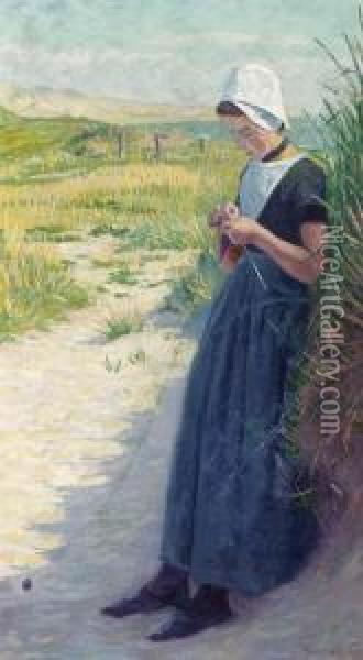 Breiend Meisje Uit Zeeland (santje) Oil Painting - Ferdinand Hart Nibbrig