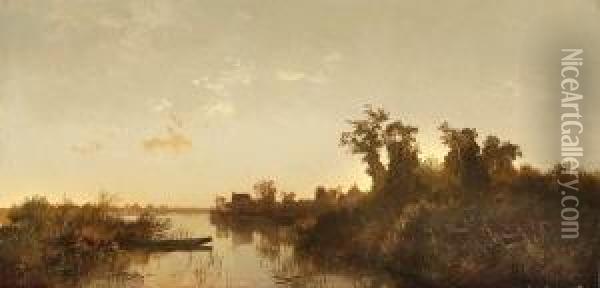 Uferlandschaft Mit Bauernhausern
 In Der Abenddammerung. Oil Painting - Joseph Wenglein