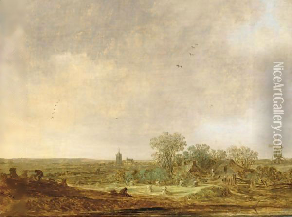 An Extensive Dune Landscape With Corn Stooks And A Mill And A Distant Oil Painting - Jan van Goyen