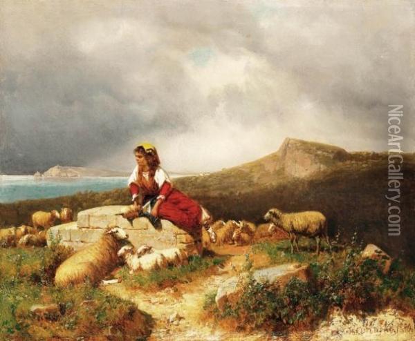 Seaside In Italy With Shepherdess Oil Painting - Andras Markos