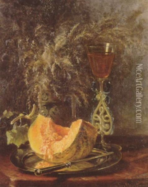 Stilleben Mit Melonenschnitte Oil Painting - Herman J. Van Der Voort In De Betouw