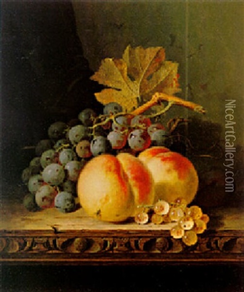 Still Life With Peaches, Grapes, Currants And A Plum On A Ledge Oil Painting - Edward Ladell