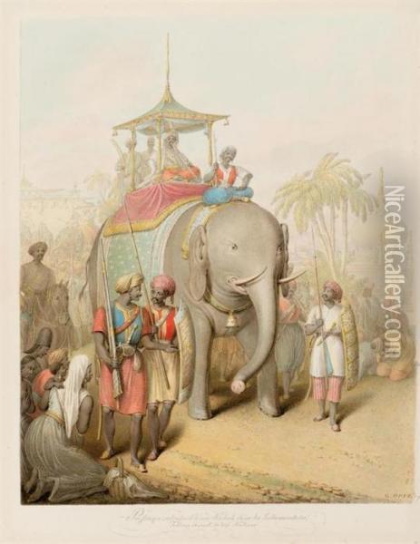 Maharajah With Retainers Mounted On An Elephant. Oil Painting - George Emmanuel Opitz