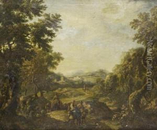 A Wooded Landscape With Peasants On Theirmules Travelling On A Country Path Oil Painting - Michele Pagano