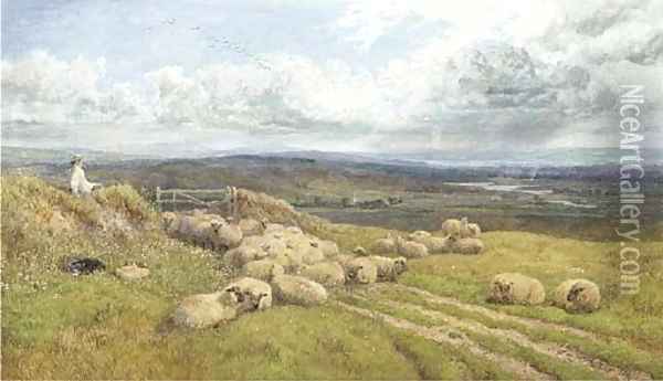 A shepherd and his flock in a meadow Oil Painting - George Shalders