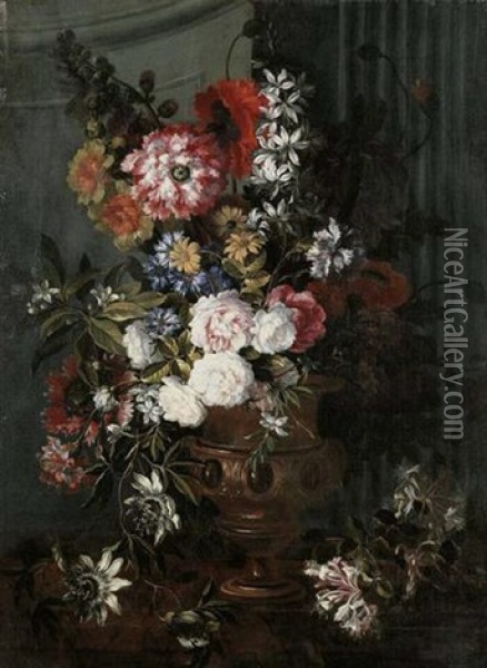 Roses, Poppies, Hollyhocks, Jasmine And Other Flowers In A Sculpted Urn On A Ledge, Before A Pilaster Oil Painting - Jean-Baptiste Monnoyer