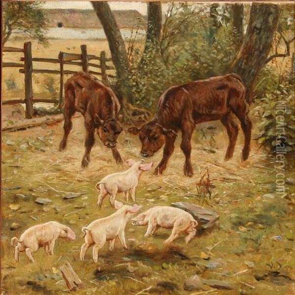 Calves And Pigletsenjoying The Danish Summer Oil Painting - Valdemar Irminger