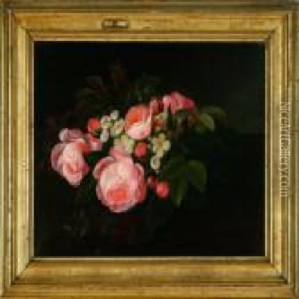 A Still Life With Pink Roses And White Myrtles On A Window Still Oil Painting - I.L. Jensen
