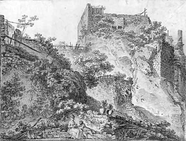 A mountainous landscape with a ruined castle, two figures in the foreground Oil Painting - Louis Chaix