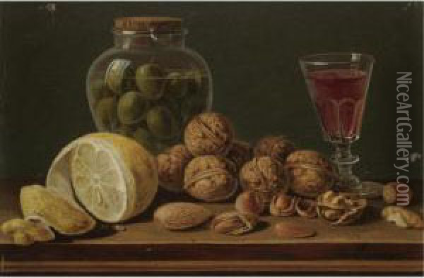 Still Life With Walnuts, Olives In A Glass Jar, A Partly Peeled Lemon And A Glass Of Red Wine Oil Painting - Miguel Parra Y Soler