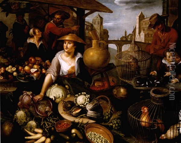 A Market Stall With A Still Life Of Vegetables, Fruit And Birds Oil Painting - Jean-Baptiste de Saive the Younger