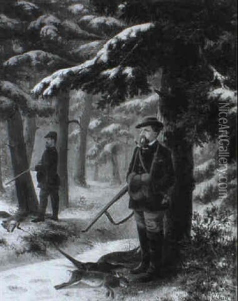 Zwei Jager Im Winterwald Oil Painting - Carl Jutz the Elder