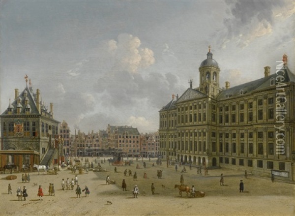 Amsterdam, A View Of Dam Square, Towards The Kalverstraat With The Town Hall To The Right, And The Waag To The Left Oil Painting - Jan ten Compe