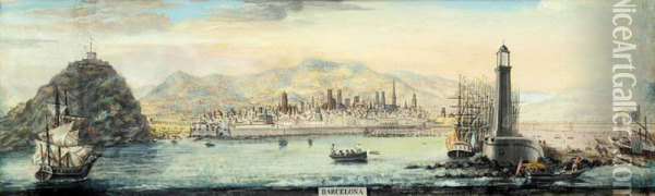 Barcelona, Seen From The Water Oil Painting - Francisco Fontanals Y Rovirosa