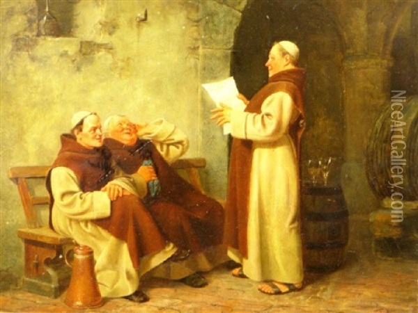Monks In The Wine Cellar Discussing A Newspaper Article Oil Painting - August Kraus