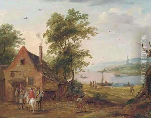A river landscape with travellers halted at an inn Oil Painting - Theobald Michau