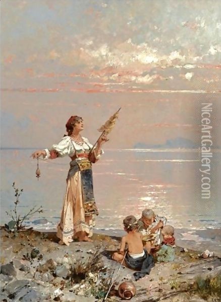 Figures On The Shore In The Bay Of Naples Oil Painting - Franz Richard Unterberger