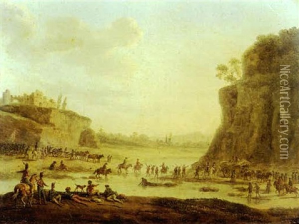 Le Repos Des Cavaliers Pres De La Riviere (+ Le Campement Militaire; Pair) Oil Painting - Jean Duplessis-Bertaux