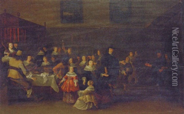 An Elderly Couple Arriving At A Feast In An Elegant Interior Oil Painting - Christoffel Jacobsz. Van Der Lamen
