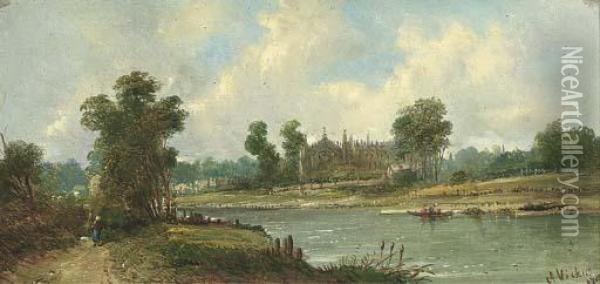Eton College From The Thames Oil Painting - A.H. Vickers