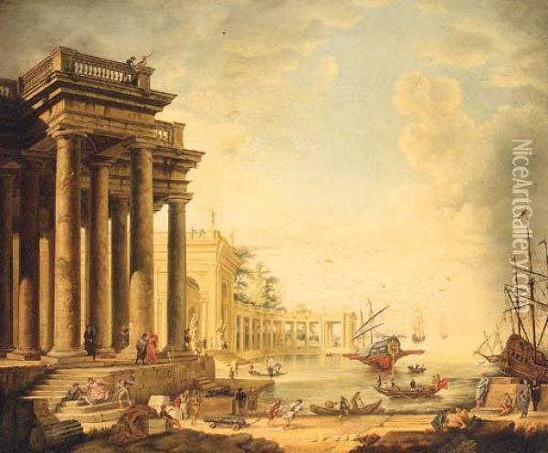 A Neoclassical Capriccio Of Figures On A Quay By A Loggia Oil Painting - Claude Lorrain (Gellee)