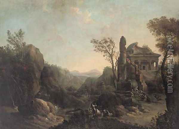 A capriccio with figures conversing by the ruined Pantheon and herdsmen watering their cattle Oil Painting - French School