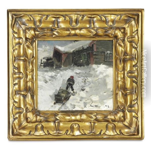 Boy With A Sledge At A Cabin In The Mountain Pastures Oil Painting - Gerhard Arij Ludwig Morgenstjerne Munthe