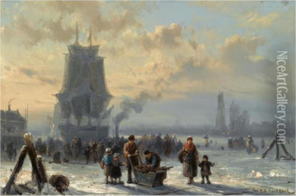 Many Figures Skating On The Ice, Boats In The Background Oil Painting - Johannes Hermann Barend Koekkoek
