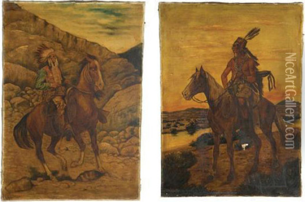 Indians On Horseback In Western Landscape Settings Oil Painting - Charles Frank