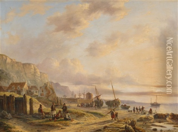 Coastal Landscape With Fishers Oil Painting - Johan Hendrik Meyer