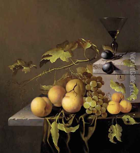 Peaches and grapes on the vine, with a goblet of wine on a casket, on a partially draped stone ledge Oil Painting - Johannes Borman