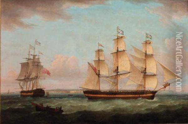 A Three-masted Merchantman In Two Positions Off The Port Ofdover Oil Painting - Thomas Whitcombe