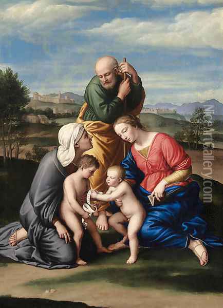 The Holy Family with the Infant Saint John the Baptist and Saint Elizabeth Oil Painting - Giovanni Battista Salvi, Il Sassoferrato