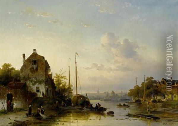 Dutch River Landscape At Sunset Oil Painting - Charles Henri Leickert