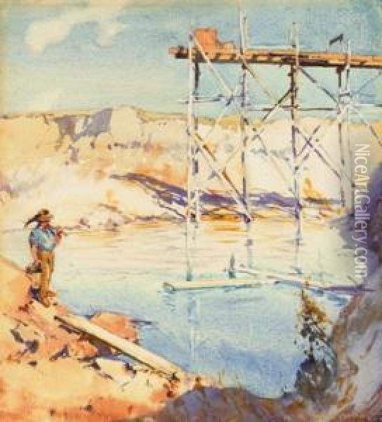 The Old Sluicing Works, Buninyong, Near Ballarat Oil Painting - Harold Brocklebank Herbert