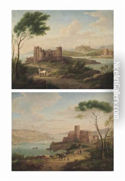 An Italianate River Landscape With Figures On A Path And Entering A Castle, A Fortified Village Beyond; And An Italianate River Landscape With Travellers And Other Figures On A Path, A Ruined Castle Beyond Oil Painting - Hendrick Frans van Lint