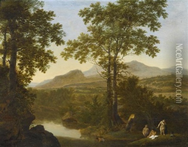Italienische Landschaft Mit Hohen Baumen An Einem Fluss Und Badenden Nymphen Oil Painting - Willem de Heusch