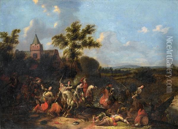 Horsemen Ambushed Before A Village Oil Painting - Johannes De Boeckhorst