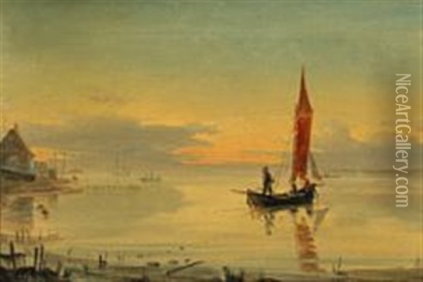 A Fishing Boat At Sea An Early Morning Oil Painting - Holger Henrik Herholdt Drachmann