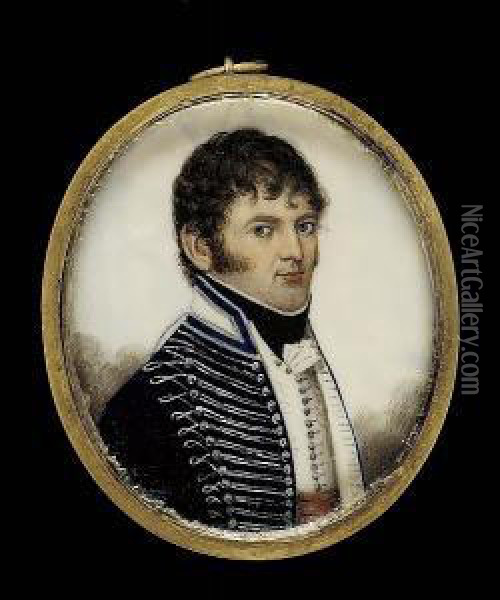 An Officer Of The 7th, 17th Or 
18th Light Dragoons, Wearing Dark Blue Jacket With White Collar, Heavily
 Braided In Silver, Worn Open To Reveal A White Waistcoat And Crimson 
Sash, Black Stock And White Cravat Oil Painting - Frederick Buck