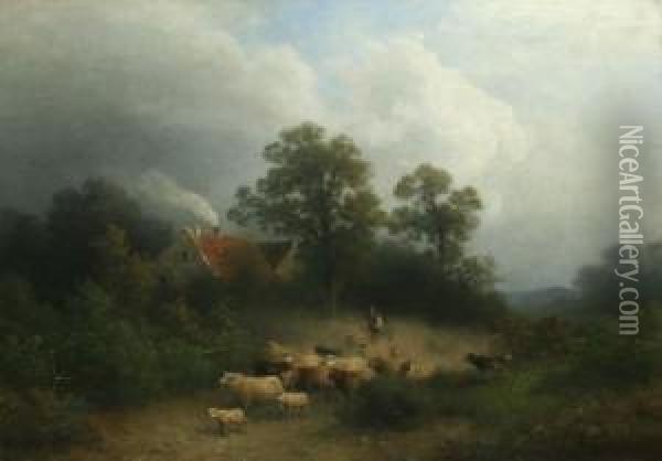Heidelandschaft Mit Schafherde Oil Painting - Heinrich Steinike