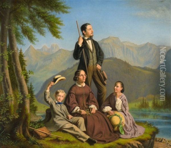 Portrat Einer Familie Im Hintergrund Der See-alp-see Oil Painting - Johannes Mettler