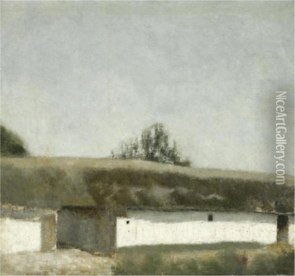 Landskab Med Bondegard (landscape With Farm) Oil Painting - Vilhelm Hammershoi