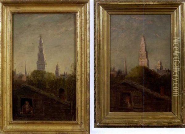 Church Towers In Brooklyn (pair) Oil Painting - George Lafayette Clough